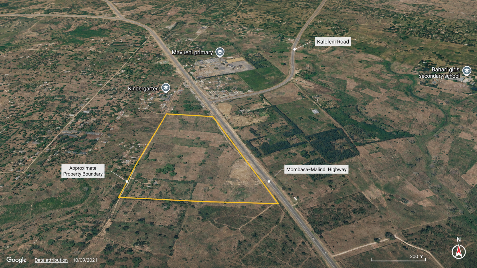 Close 3D aerial view showing the approximate property boundary, Mombasa–Malindi Highway and Kaloleni Road