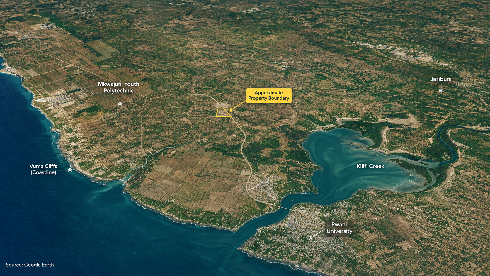 Wider aerial context of the featured Mavueni property in Kilifi County